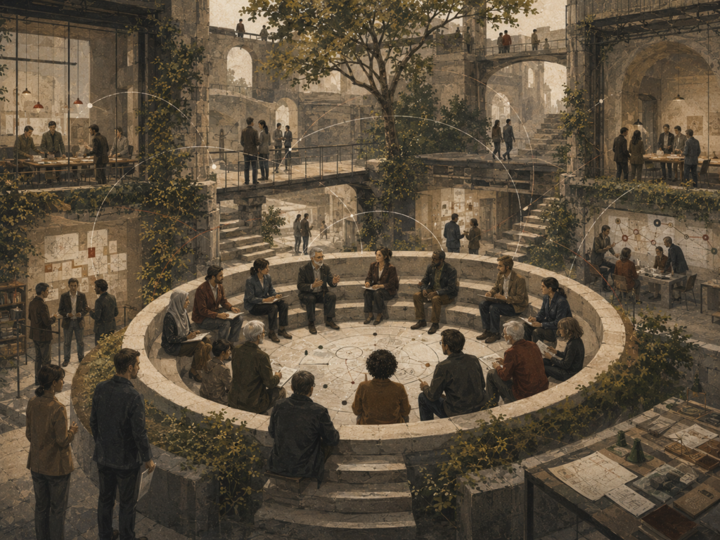 Restrained institutional illustration of people gathered in a circular forum within a layered organizational courtyard, surrounded by meeting rooms, bridges, archives, and network pathways.