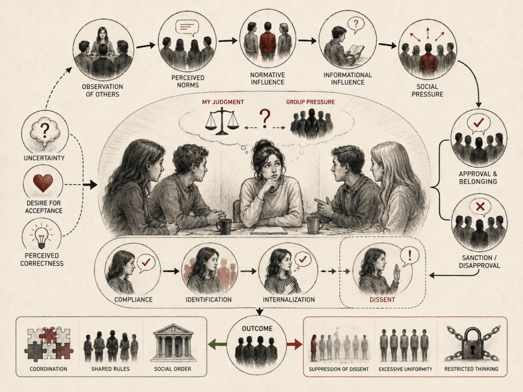 Restrained institutional research illustration showing conformity and social influence through observation of others, perceived norms, normative influence, informational influence, social pressure, approval, disapproval, compliance, identification, internalization, dissent, and collective outcomes.
