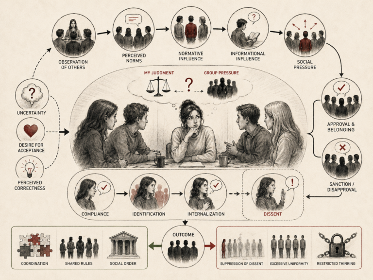 Restrained institutional research illustration showing conformity and social influence through observation of others, perceived norms, normative influence, informational influence, social pressure, approval, disapproval, compliance, identification, internalization, dissent, and collective outcomes.