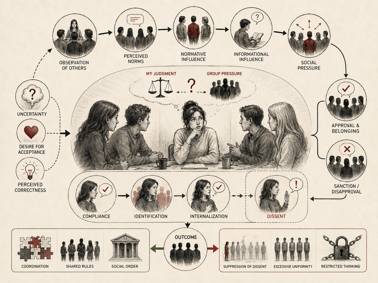 Restrained institutional research illustration showing conformity and social influence through observation of others, perceived norms, normative influence, informational influence, social pressure, approval, disapproval, compliance, identification, internalization, dissent, and collective outcomes.