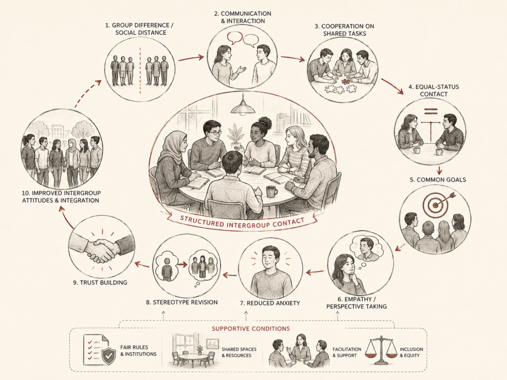 Restrained institutional research illustration showing the contact hypothesis as structured intergroup contact, with communication, cooperation, equal status, common goals, empathy, reduced anxiety, stereotype revision, trust building, and improved intergroup attitudes.