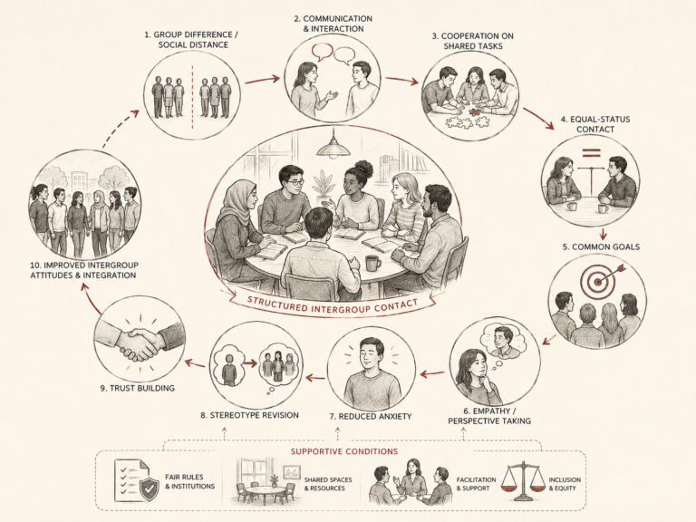 Restrained institutional research illustration showing the contact hypothesis as structured intergroup contact, with communication, cooperation, equal status, common goals, empathy, reduced anxiety, stereotype revision, trust building, and improved intergroup attitudes.