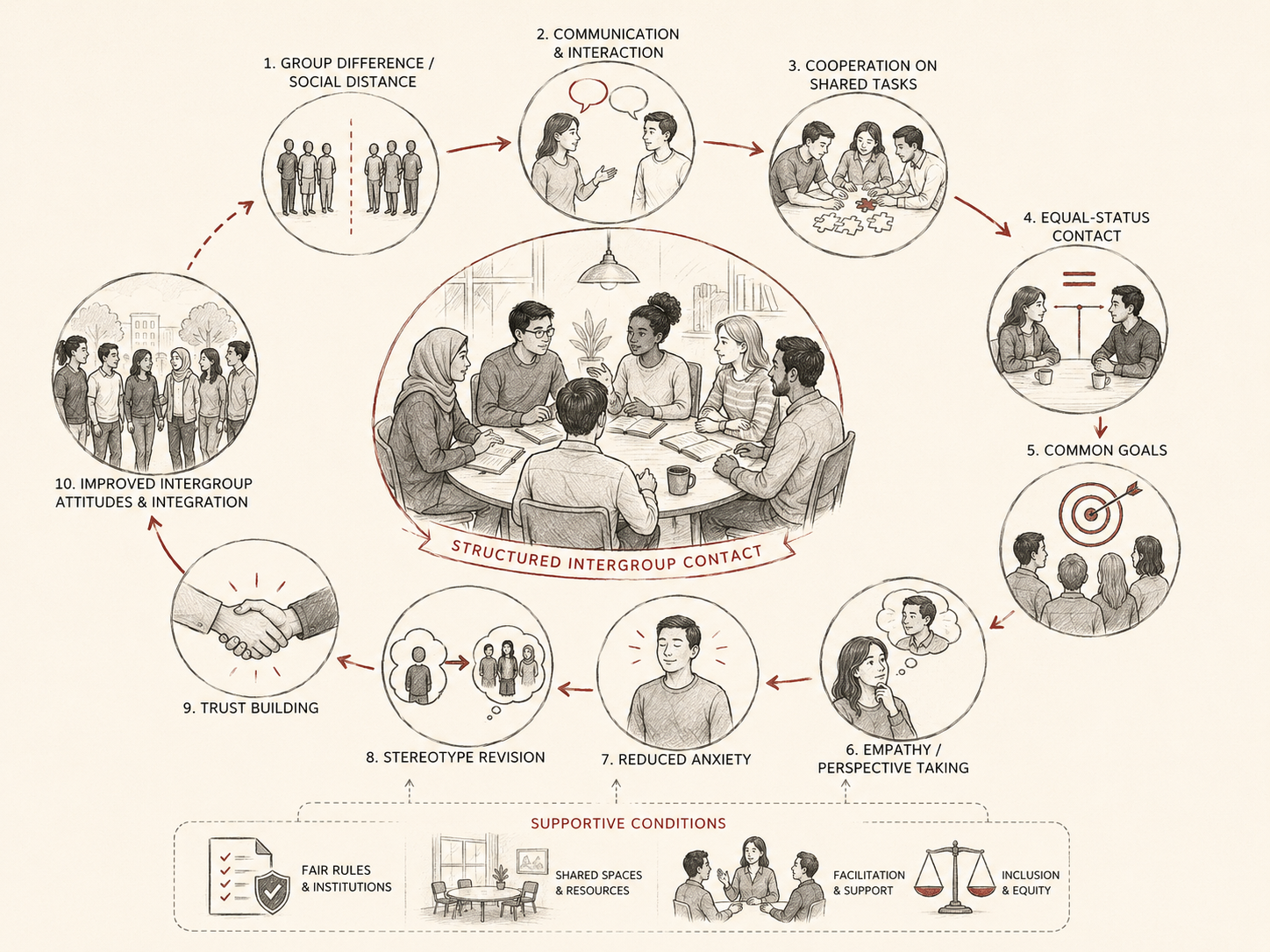 Restrained institutional research illustration showing the contact hypothesis as structured intergroup contact, with communication, cooperation, equal status, common goals, empathy, reduced anxiety, stereotype revision, trust building, and improved intergroup attitudes.