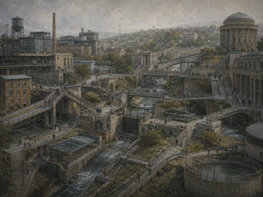 Restrained institutional illustration of a complex civic landscape with bridges, pathways, public buildings, waterways, and people moving through interconnected systems.