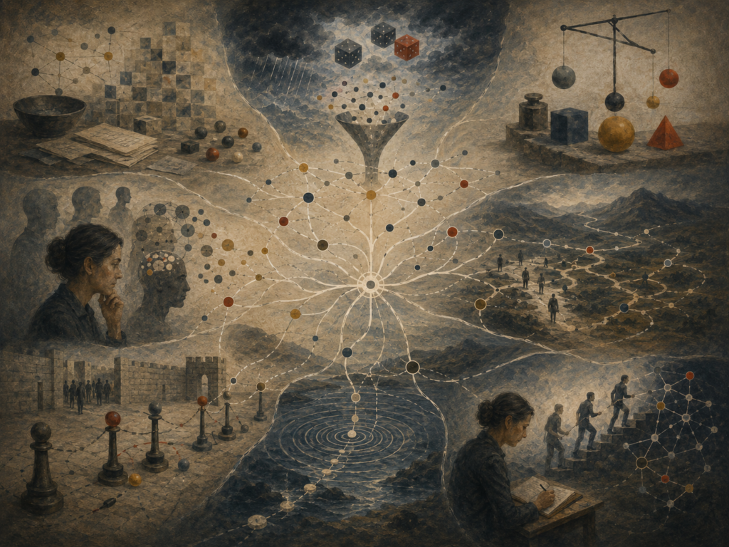 Painterly editorial illustration showing the core principles of decision science through evidence fragments, uncertainty symbols, weighted nodes, tradeoff scales, behavioral judgment, constraints, feedback loops, ripple effects, and adaptive learning.