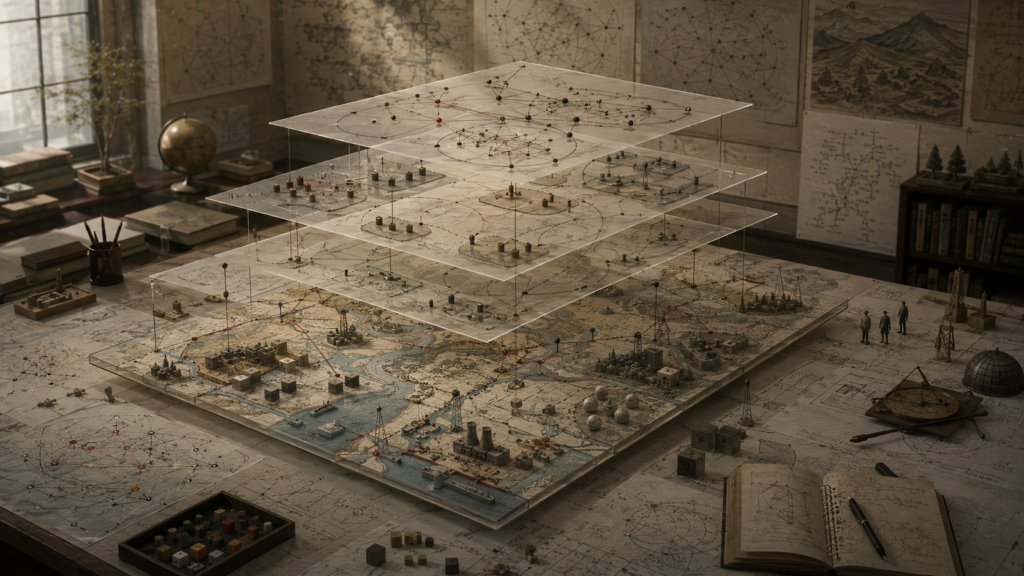 Layered research-table model with translucent planes, maps, networks, feedback loops, boundary zones, modular blocks, waterways, infrastructure elements, and small observational figures.