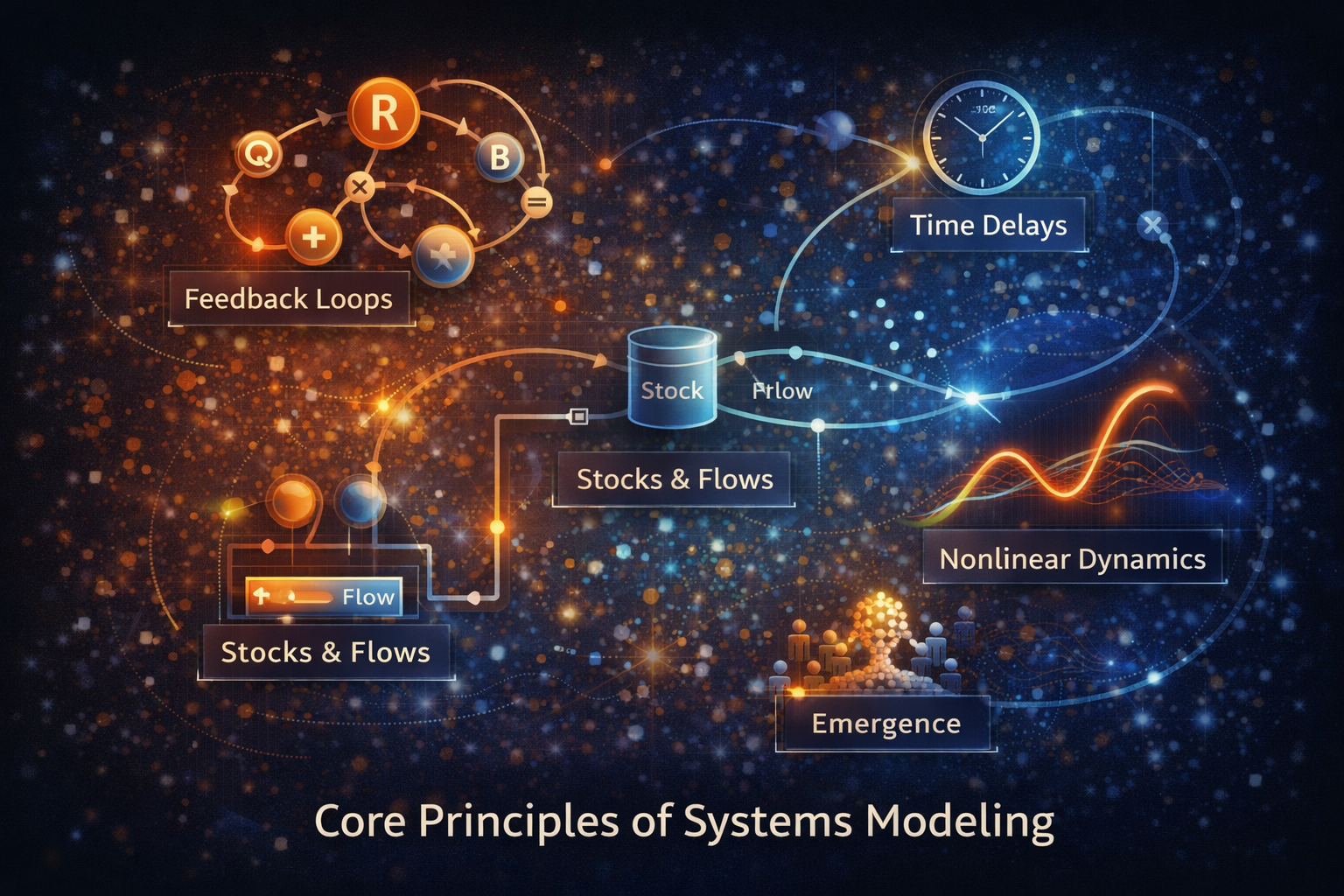 Diagram illustrating feedback loops, stocks and flows, nonlinear dynamics, emergence, and time delays in complex systems modeling.