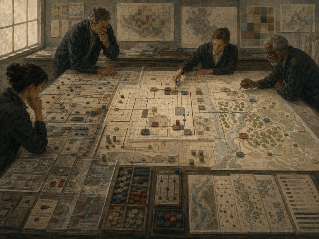 Researchers study bounded grids, maps, tokens, pathways, and modular design pieces on a large planning table, showing innovation emerging through constraints.