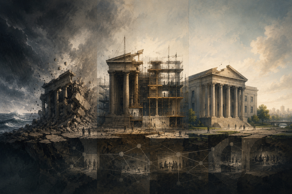 Painterly institutional illustration showing a civic building moving from collapse to reconstruction to renewed stability across a three-part composition.