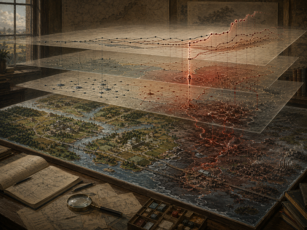 Layered systems model on a research table showing a mapped landscape split between stable and disrupted regions, with threshold markers, nonlinear pathways, and abrupt transition patterns.