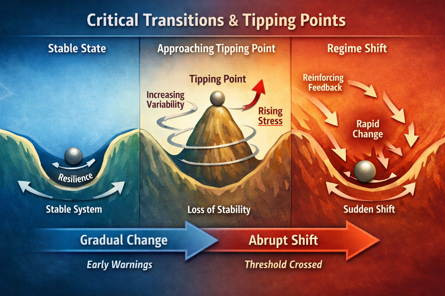 Infographic illustrating tipping points and critical transitions in complex systems, showing a stable state, an approaching tipping point with increasing variability, and a regime shift driven by reinforcing feedback.