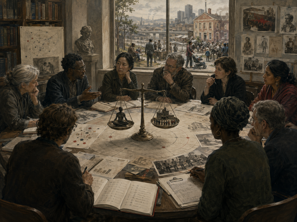 Restrained institutional illustration of scholars debating well-being research around a table with papers, diagrams, and a balance scale symbolizing tensions in the science of human flourishing.