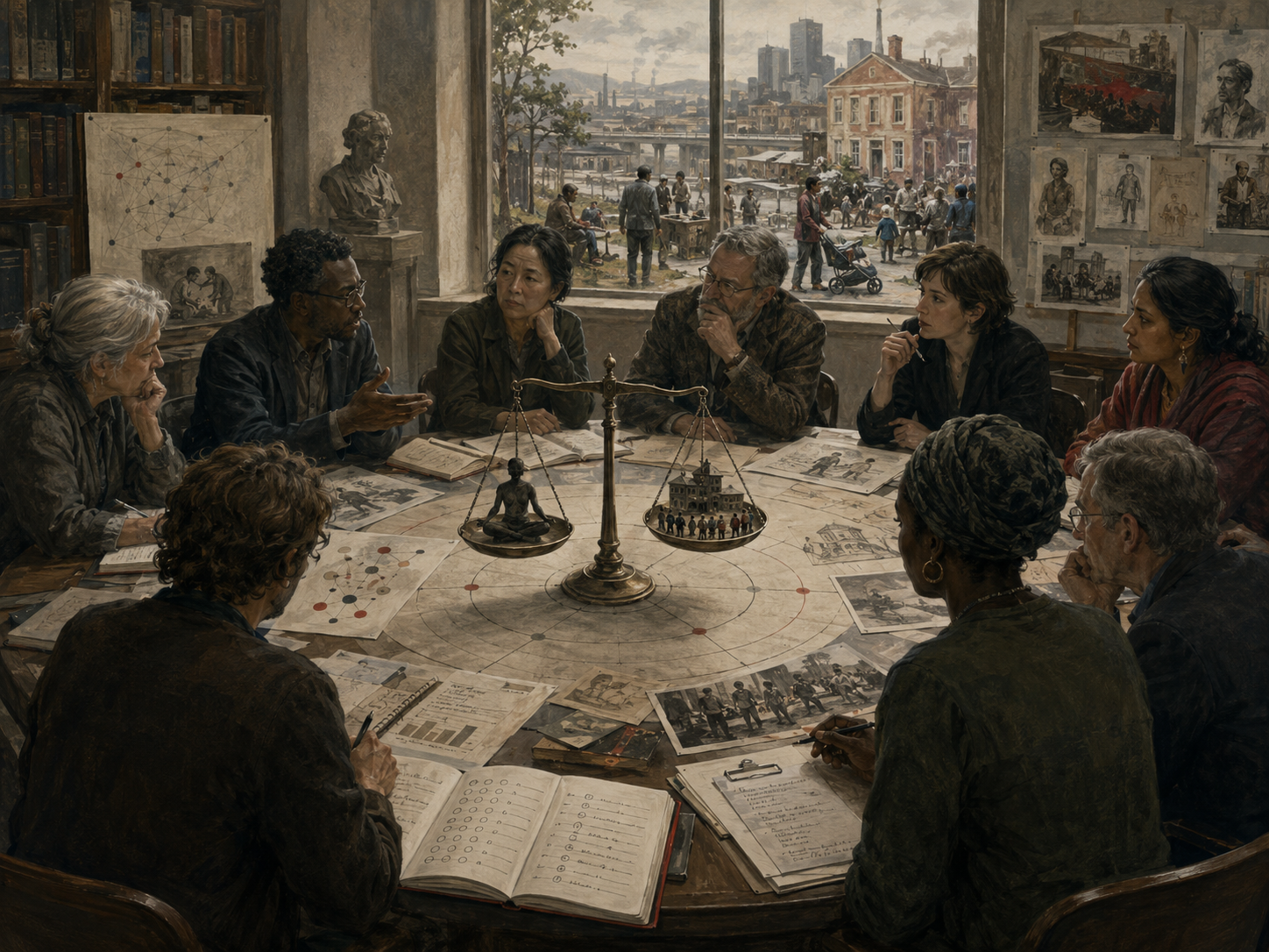 Restrained institutional illustration of scholars debating well-being research around a table with papers, diagrams, and a balance scale symbolizing tensions in the science of human flourishing.