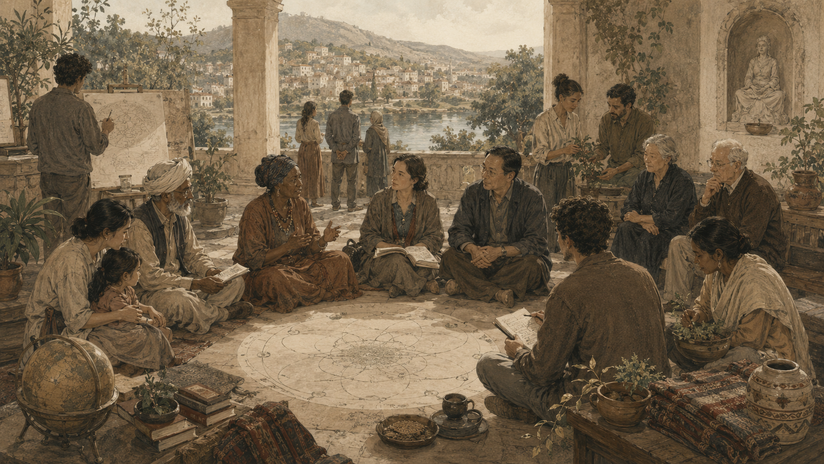 Restrained institutional illustration of a multicultural group gathered in dialogue around a circular floor diagram, symbolizing cultural perspectives on well-being and human flourishing.