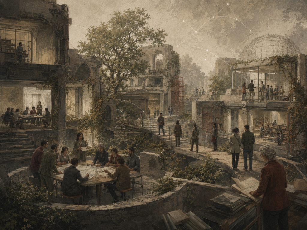 Restrained institutional illustration of people working across layered organizational spaces, restored structures, shared courtyards, pathways, scaffolding, and faint network lines representing culture change.