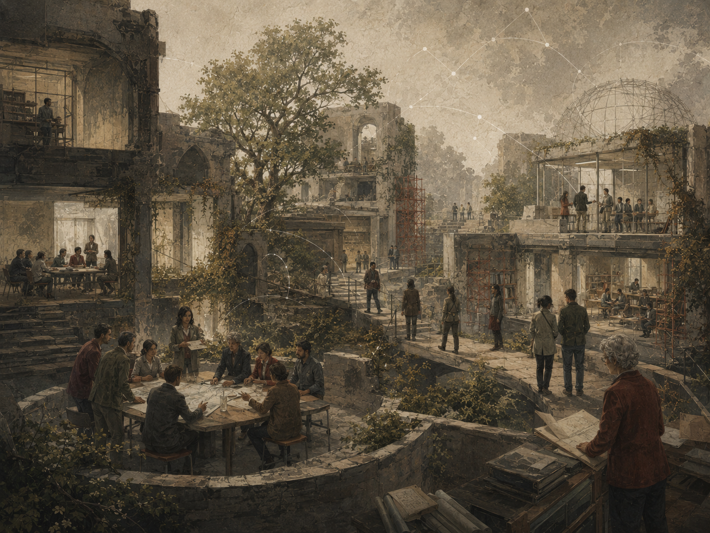 Restrained institutional illustration of people working across layered organizational spaces, restored structures, shared courtyards, pathways, scaffolding, and faint network lines representing culture change.