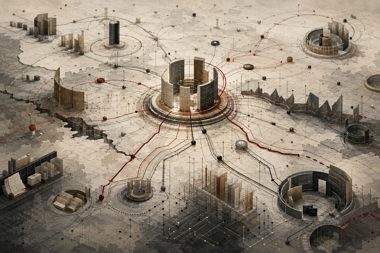 Abstract legal-studies illustration of customary international law forming through repeated state practice, legal belief, evidence, institutional interpretation, protest, and contested recognition.