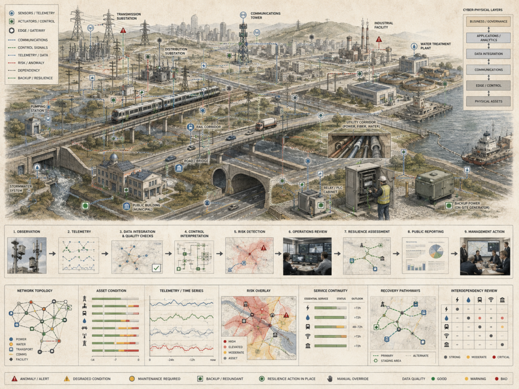 Restrained cyber-physical infrastructure diagram showing power, water, transportation, communications, sensors, control systems, telemetry, risk overlays, service continuity, and recovery pathways.