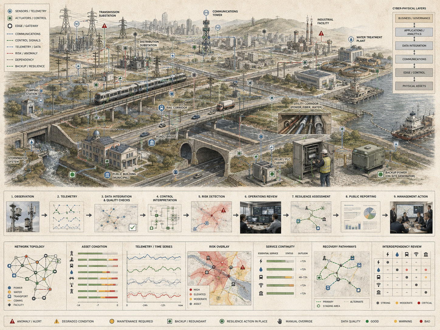 Restrained cyber-physical infrastructure diagram showing power, water, transportation, communications, sensors, control systems, telemetry, risk overlays, service continuity, and recovery pathways.