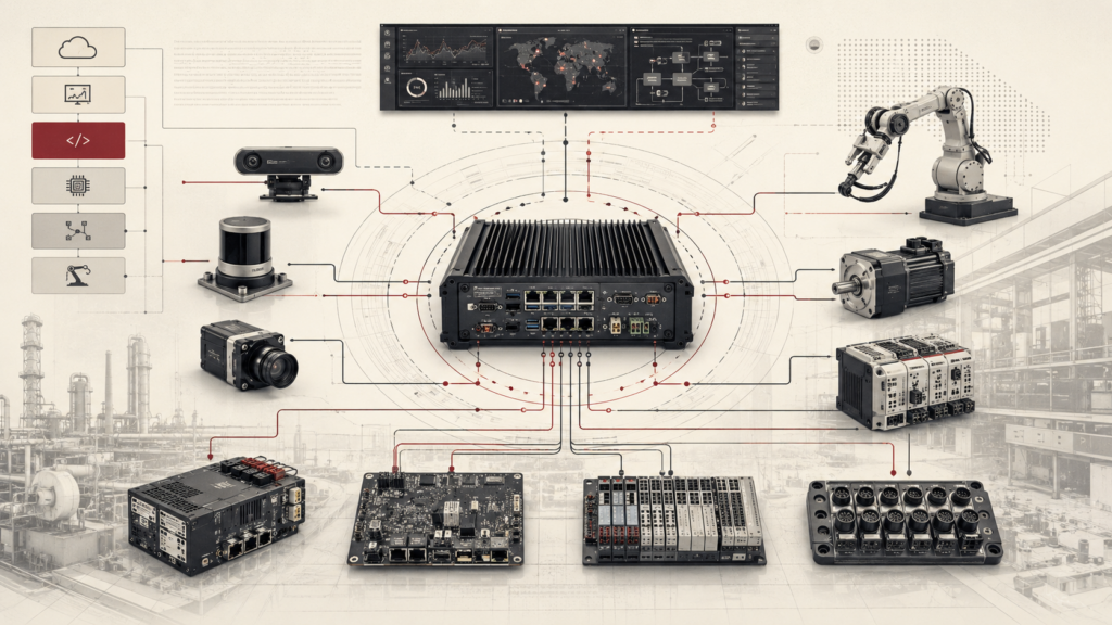 Institutional systems-research illustration of cyber-physical hardware integration connecting edge computers, sensors, actuators, robotics, control modules, circuit boards, and monitoring systems.