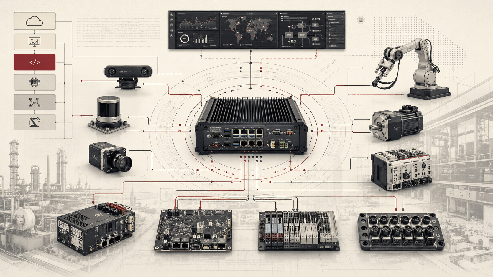 Institutional systems-research illustration of cyber-physical hardware integration connecting edge computers, sensors, actuators, robotics, control modules, circuit boards, and monitoring systems.