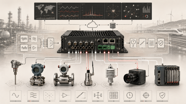 Institutional systems-research illustration of embedded data acquisition, showing sensor interfaces, signal conditioning, timing, validation, edge processing, and monitoring systems.