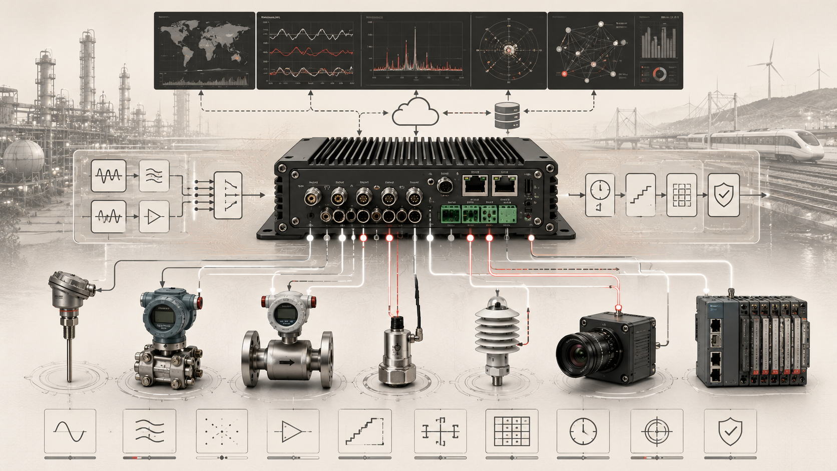 Institutional systems-research illustration of embedded data acquisition, showing sensor interfaces, signal conditioning, timing, validation, edge processing, and monitoring systems.