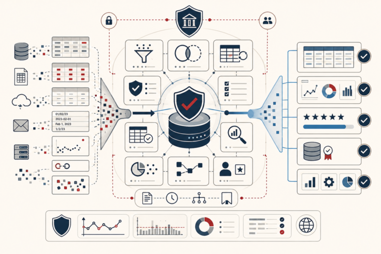 Conceptual data-systems illustration showing messy data sources being cleaned, validated, governed, monitored, and transformed into trusted datasets and analytical outputs.