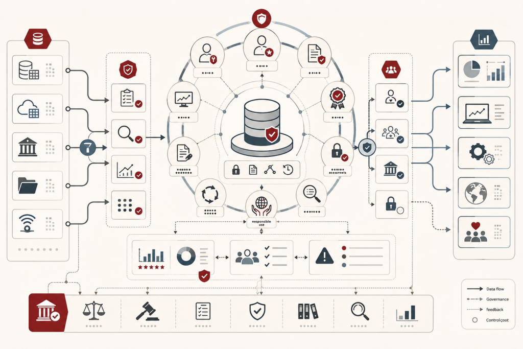 Conceptual data-systems illustration showing governed data sources, stewardship roles, accountability controls, quality checks, access management, compliance review, and responsible data use across modern systems.