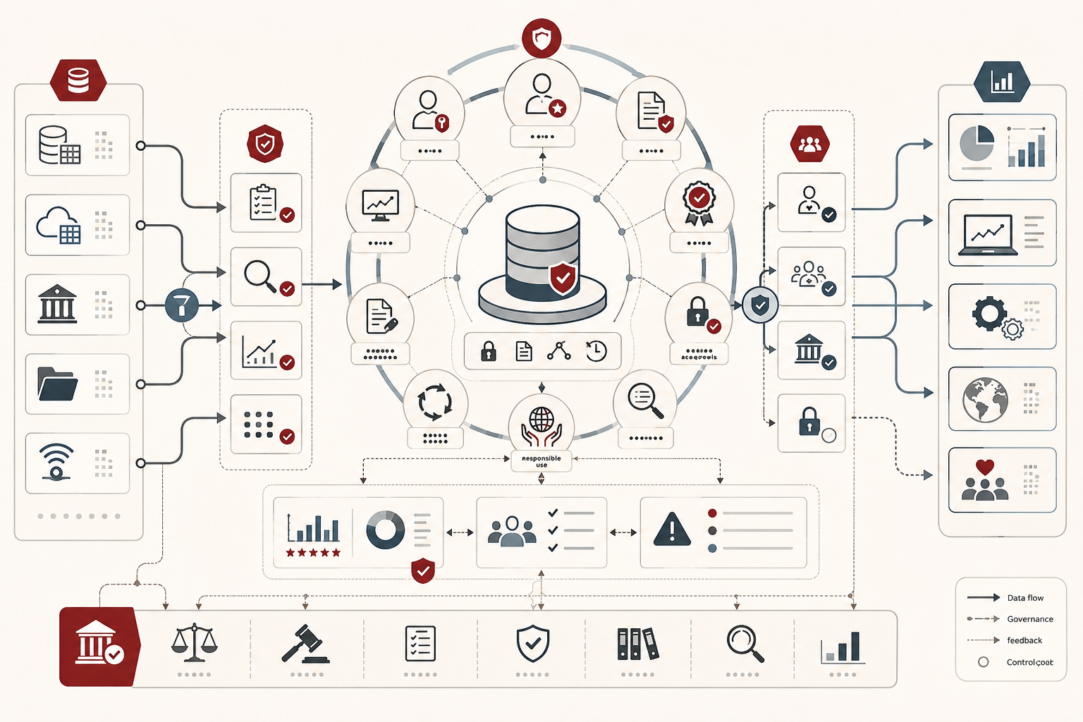 Conceptual data-systems illustration showing governed data sources, stewardship roles, accountability controls, quality checks, access management, compliance review, and responsible data use across modern systems.