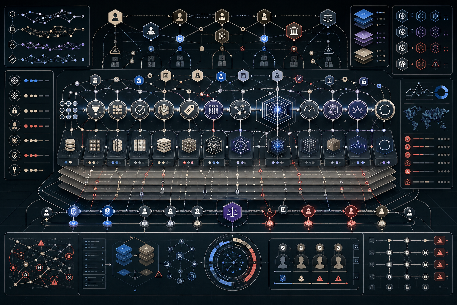 Editorial illustration of data governance, provenance, and lineage in AI systems showing auditable data pipelines, provenance graphs, transformation records, dataset documentation, metadata catalogs, model artifacts, monitoring loops, access controls, and governance checkpoints.