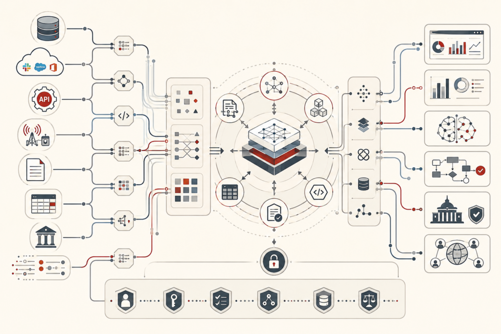 Conceptual data-systems illustration showing multiple data sources, APIs, platforms, and institutional systems flowing into an integrated interoperability layer that supports analytics, applications, governance, and shared use.