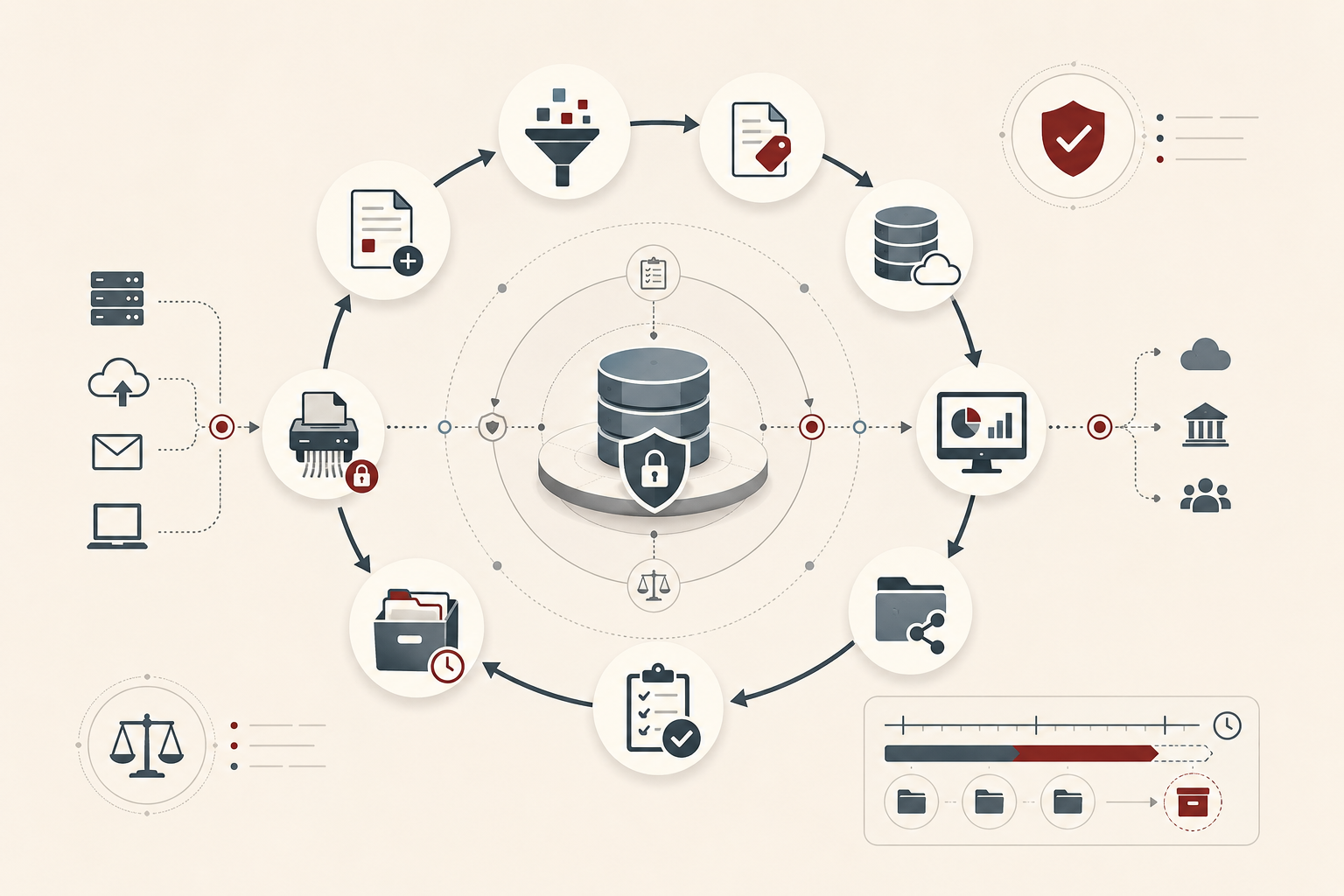Conceptual data-systems illustration showing the lifecycle of data from creation and ingestion through classification, storage, use, retention, governance review, archival, and secure disposal.