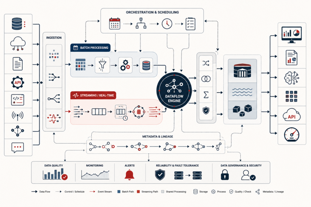 Conceptual data-systems illustration showing batch processing, streaming data, ingestion, orchestration, dataflow, metadata lineage, monitoring, governance, and downstream analytical outputs.
