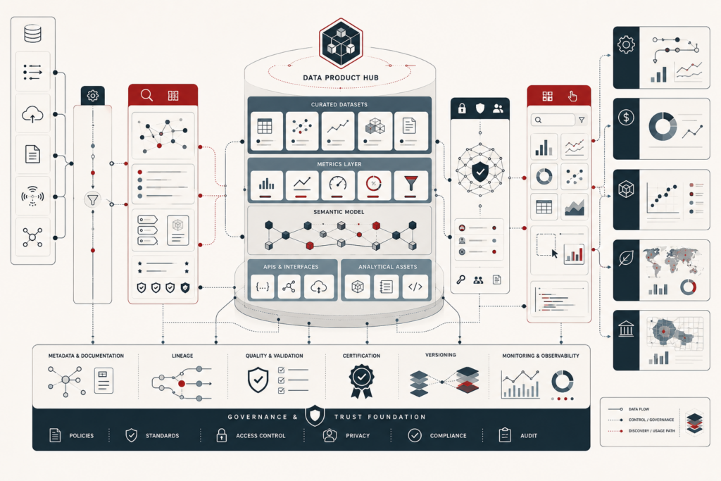 Conceptual data-systems illustration showing a governed data product hub connecting curated datasets, metrics, semantic models, APIs, dashboards, access controls, lineage, certification, and self-service analytics.