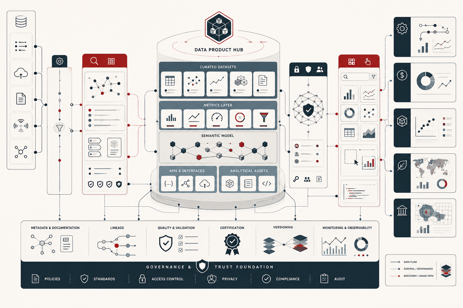 Conceptual data-systems illustration showing a governed data product hub connecting curated datasets, metrics, semantic models, APIs, dashboards, access controls, lineage, certification, and self-service analytics.