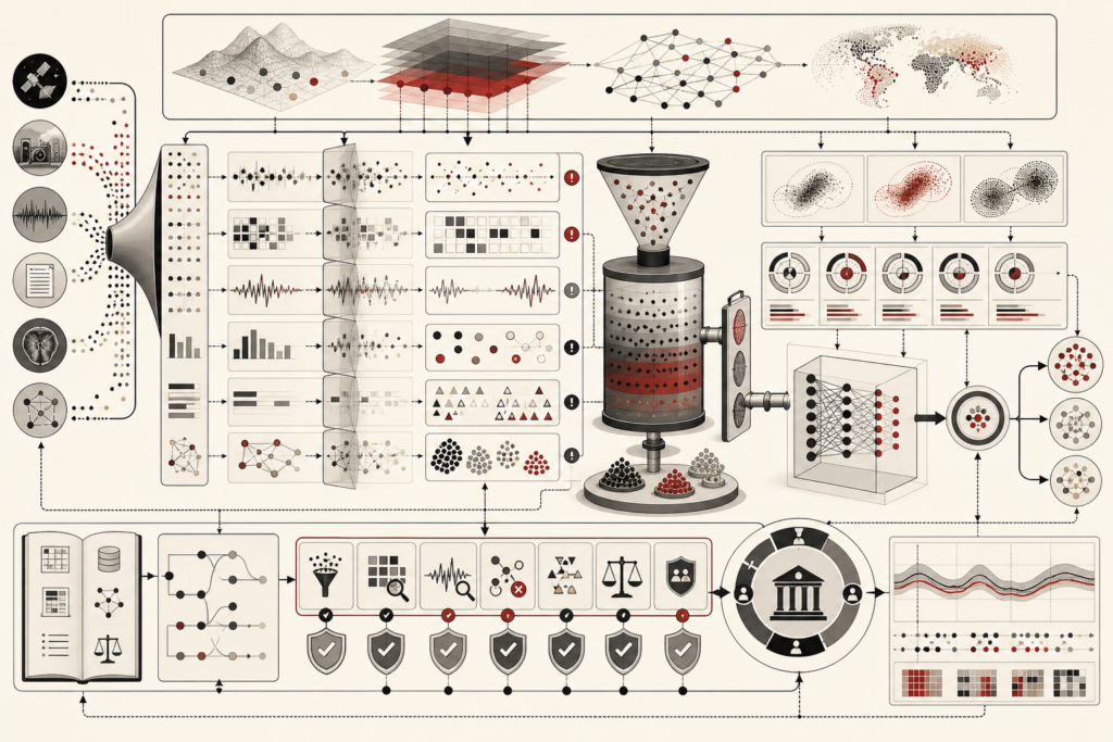 Abstract editorial illustration showing data quality in machine learning through data collection streams, proxy measurements, missingness, label noise, subgroup imbalance, quality filters, model training, fairness diagnostics, governance checkpoints, and lifecycle monitoring.