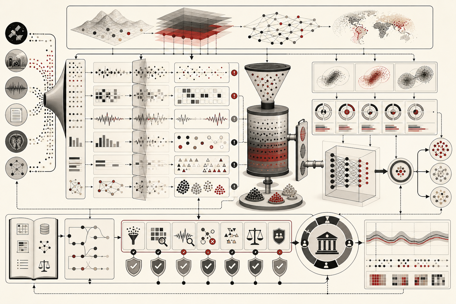 Abstract editorial illustration showing data quality in machine learning through data collection streams, proxy measurements, missingness, label noise, subgroup imbalance, quality filters, model training, fairness diagnostics, governance checkpoints, and lifecycle monitoring.