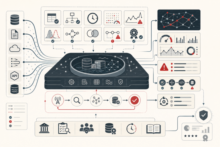 Conceptual data-systems illustration showing data sources flowing into a quality and observability platform with validation checks, anomaly detection, monitoring dashboards, alerts, lineage, and governance controls.