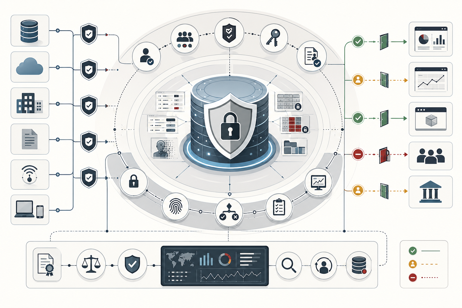 Conceptual data-systems illustration showing secured databases, privacy controls, identity verification, access permissions, audit monitoring, and governed data access across modern platforms.