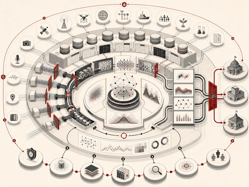 Editorial systems illustration showing data sources, databases, pipelines, validation gates, analytical models, visualization panels, governance controls, security layers, and institutional decision pathways arranged as a circular data lifecycle infrastructure.