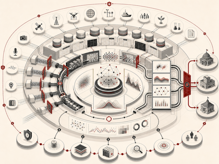 Editorial systems illustration showing data sources, databases, pipelines, validation gates, analytical models, visualization panels, governance controls, security layers, and institutional decision pathways arranged as a circular data lifecycle infrastructure.