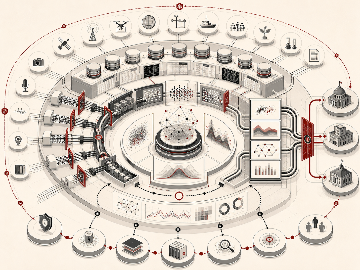 Editorial systems illustration showing data sources, databases, pipelines, validation gates, analytical models, visualization panels, governance controls, security layers, and institutional decision pathways arranged as a circular data lifecycle infrastructure.