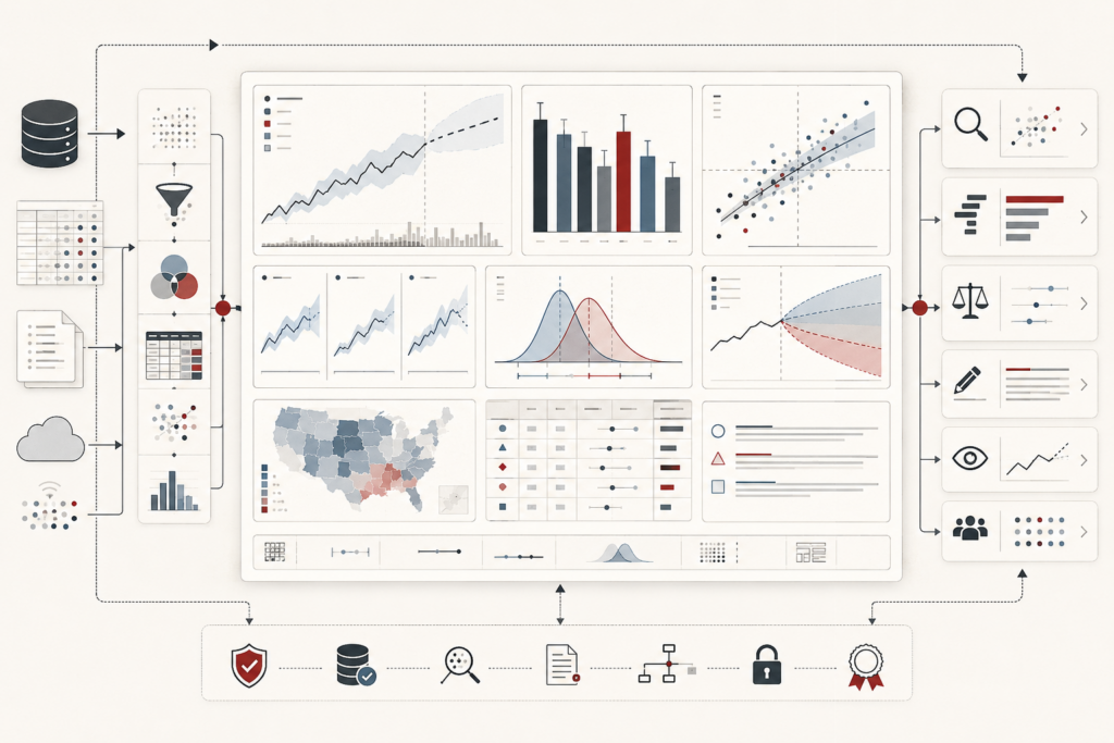 Conceptual data-systems illustration showing charts, maps, uncertainty bands, distributions, comparison views, evidence panels, and communication pathways for analytical interpretation.