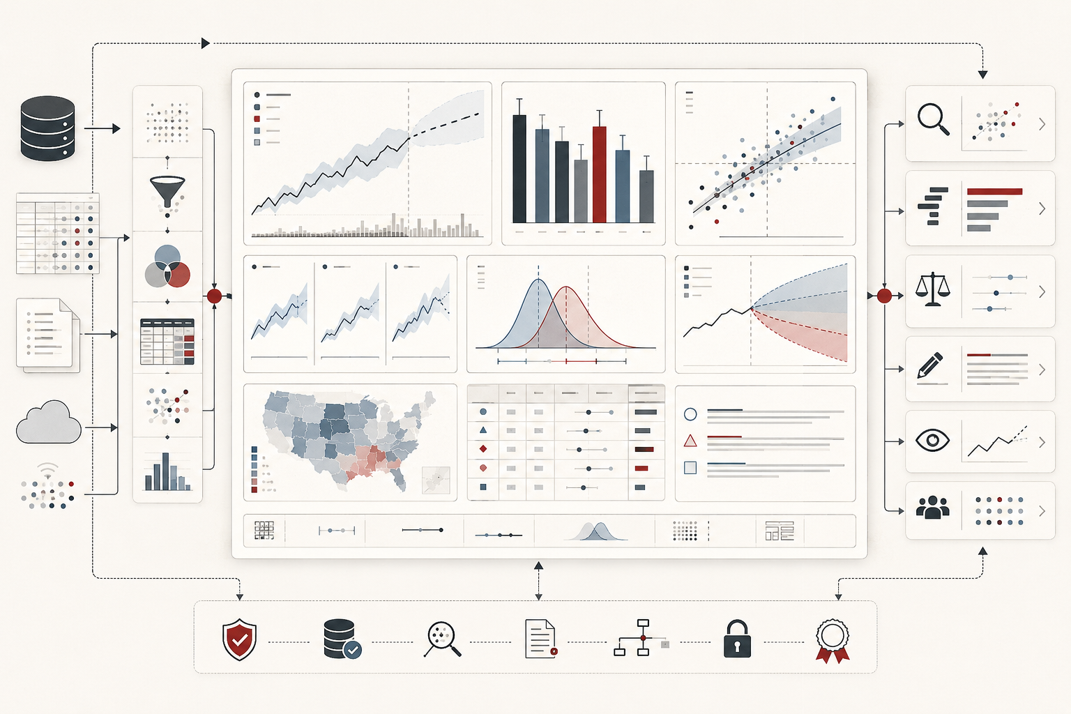Conceptual data-systems illustration showing charts, maps, uncertainty bands, distributions, comparison views, evidence panels, and communication pathways for analytical interpretation.