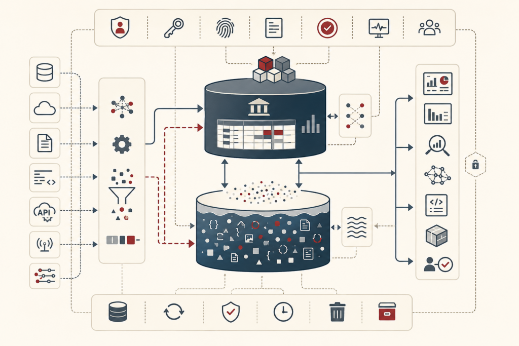 Conceptual data-systems illustration showing data sources flowing into governed warehouse and lake architectures with ingestion, transformation, security, lifecycle controls, and analytical outputs.