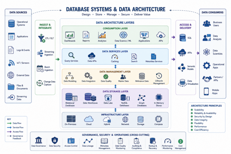 Conceptual data-systems illustration showing data sources flowing through ingestion, storage, management, services, access, governance, security, and analytical consumption layers.