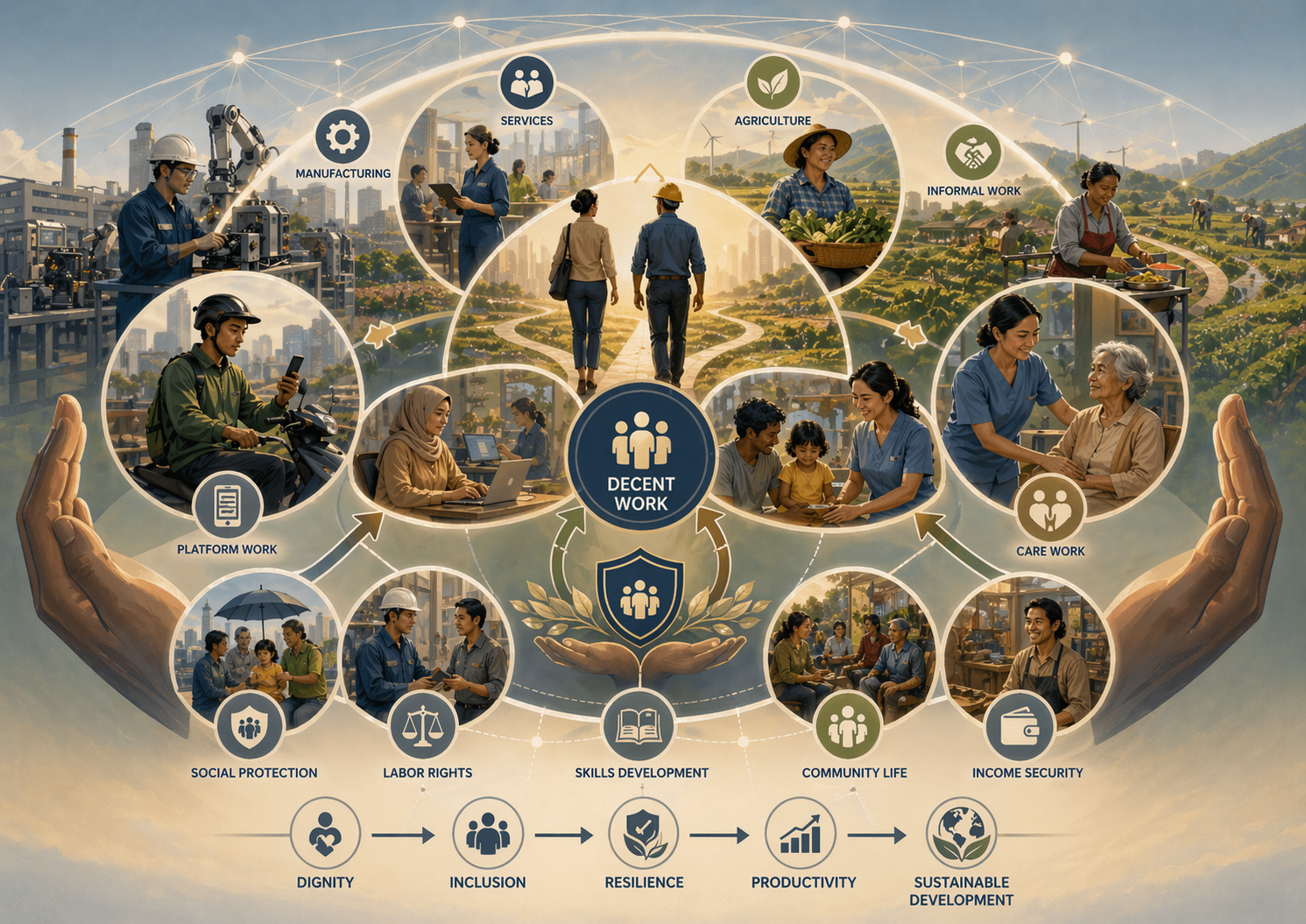 Editorial illustration of diverse workers, caregivers, farmers, service workers, platform workers, and industrial workers connected by protective arcs and network pathways, representing decent work, livelihood security, labor rights, social protection, and inclusive sustainable development.
