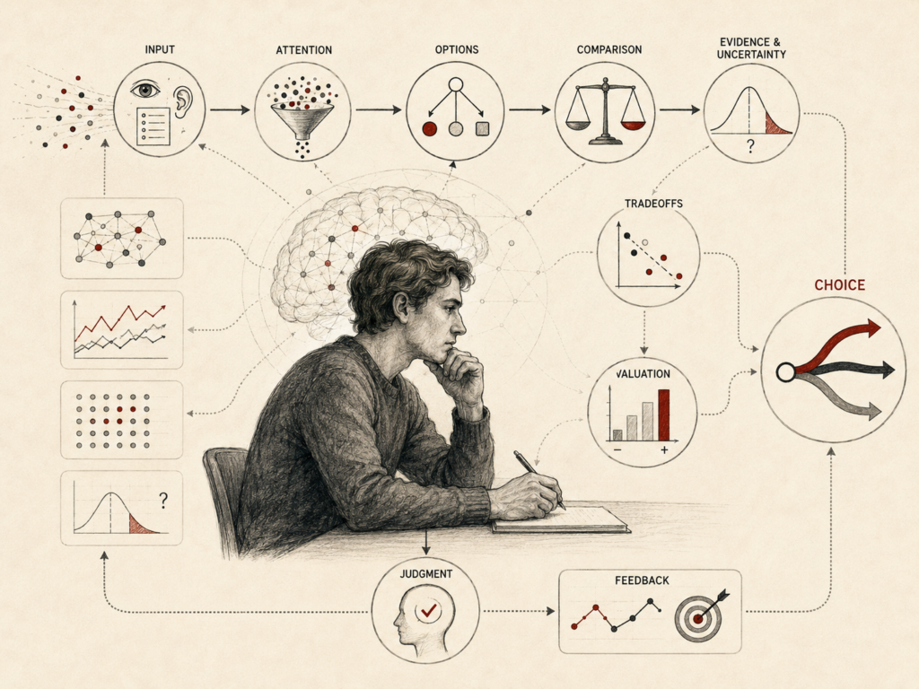 Restrained institutional research illustration showing decision making as a cognitive process in which attention filters inputs, options are compared, uncertainty and tradeoffs are evaluated, values are judged, and a final choice is made with feedback.
