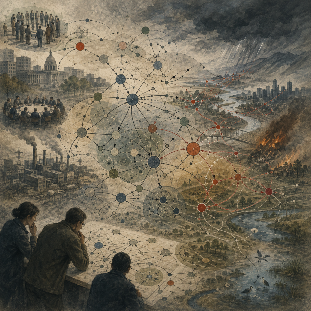 Painterly editorial illustration of decision-making in complex systems with analysts studying dense feedback networks, cascading risks, institutions, infrastructure, ecosystems, storms, and social dynamics.